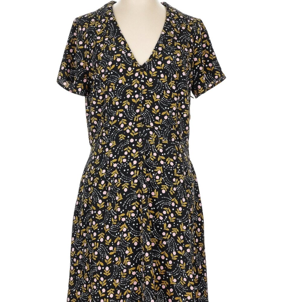 Modcloth Dress A Line Retro Floral Short Sleeve V Neck Black Green Size 12 NWT